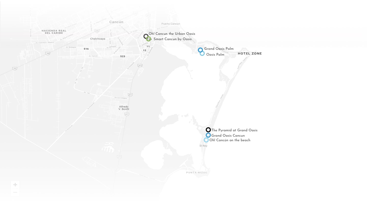 Mapa de Ubicacion de nuestros hoteles Oasis Hotels & Resorts